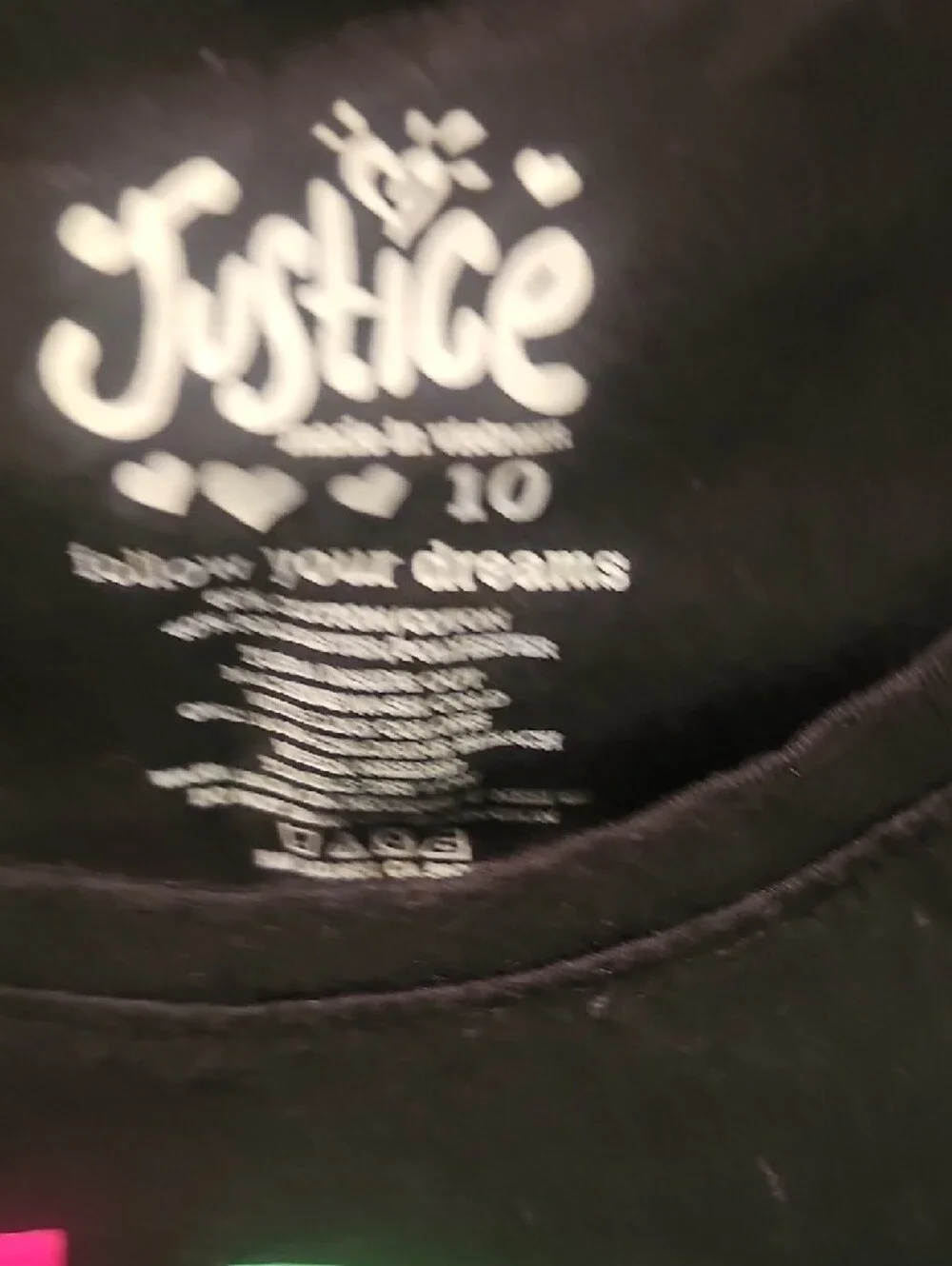 Justice Black Tee with Neon Pink Green Blue Yellow Puffy Peace Graphic Size 10